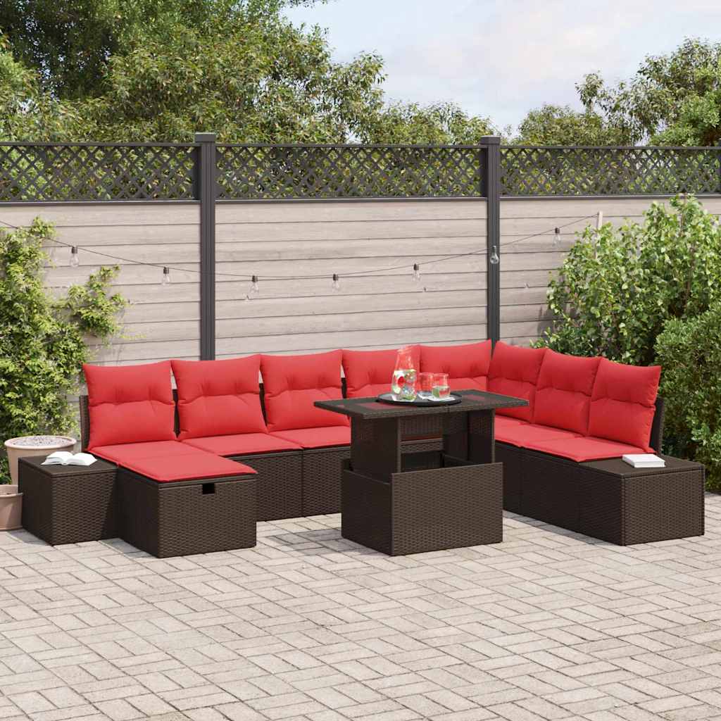 vidaXL Tuinbank Set met kussen met opslag 9 pcs Bruin Poly rattan