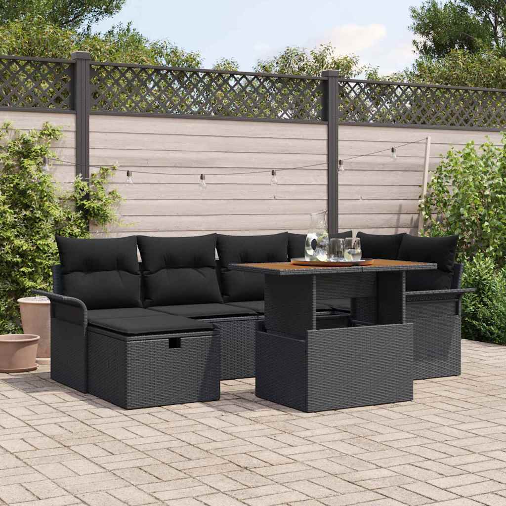 vidaXL Tuinbank Set met kussen met opslag 7 pcs Zwart poly rattan