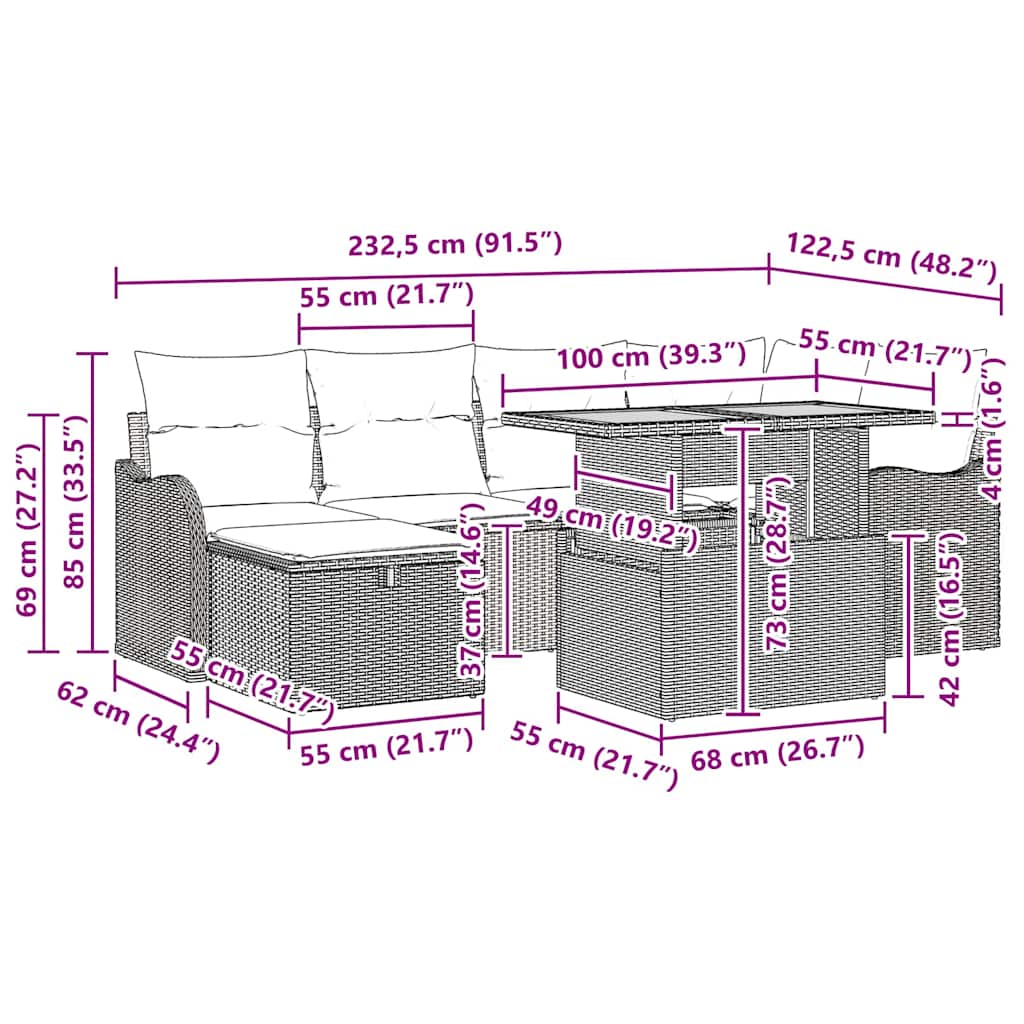 vidaXL Tuinbank Set met kussen met opslag 7 pcs Zwart poly rattan