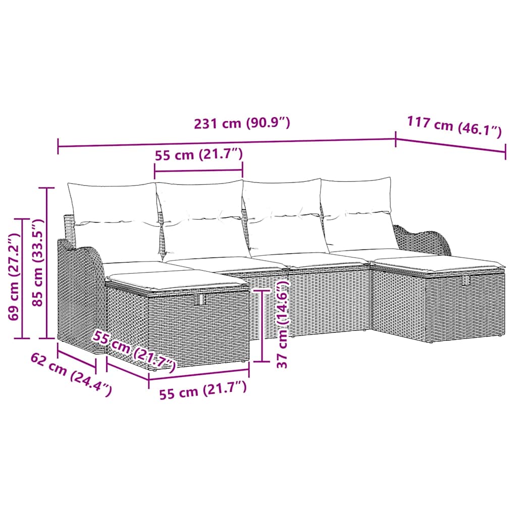 vidaXL Tuinbank Set met kussen met opslag 6 pcs Zwart Poly rattan