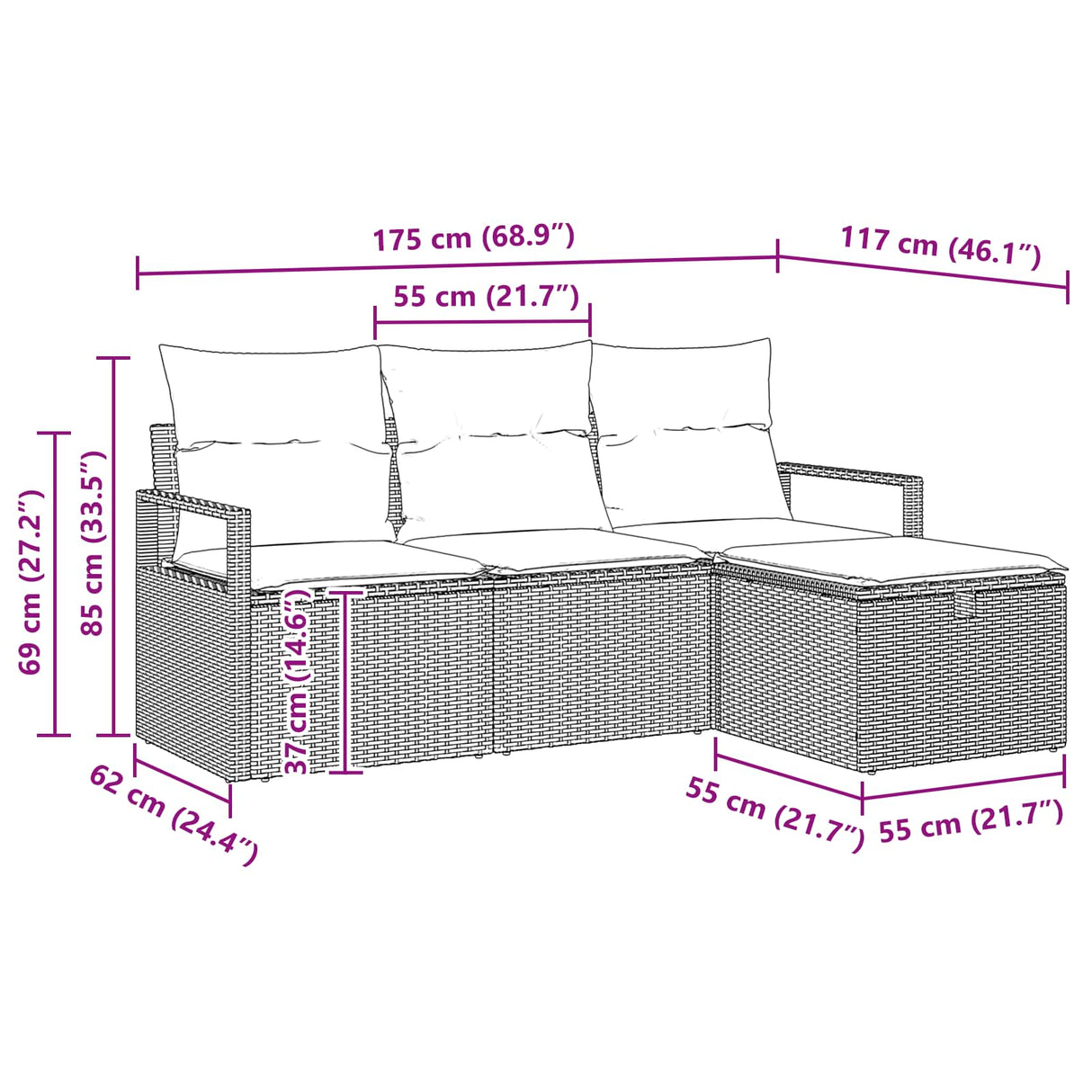 vidaXL Tuinbank Set met kussen met opslag 4 pcs Bruin poly rattan