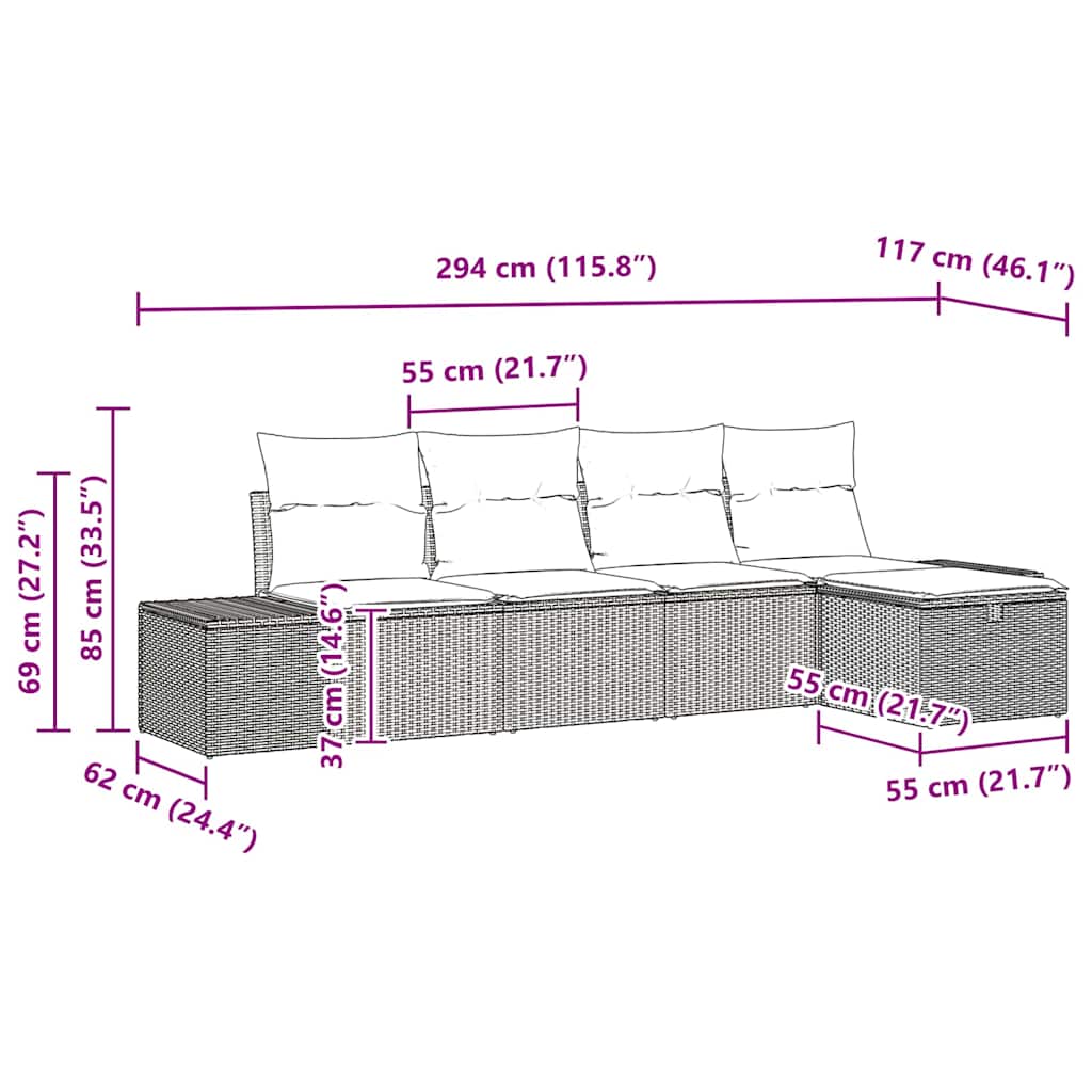 vidaXL Bankstel met kussen 5 pcs poly rattan