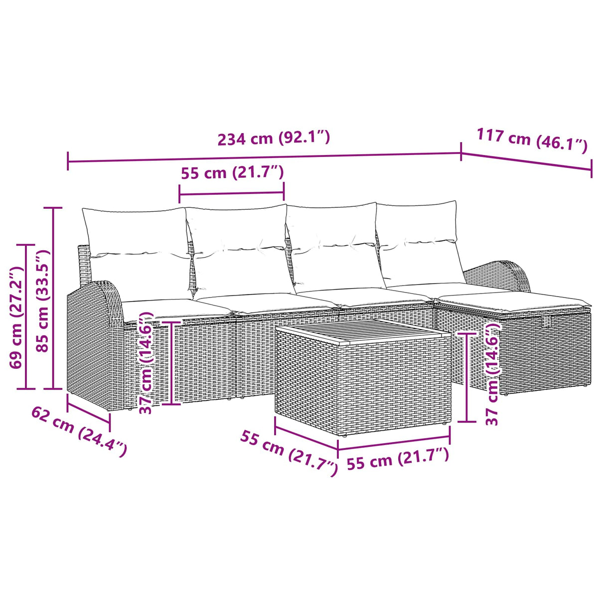 vidaXL Tuinbank Set met kussen met opslag 6 pcs Zwart Poly rattan