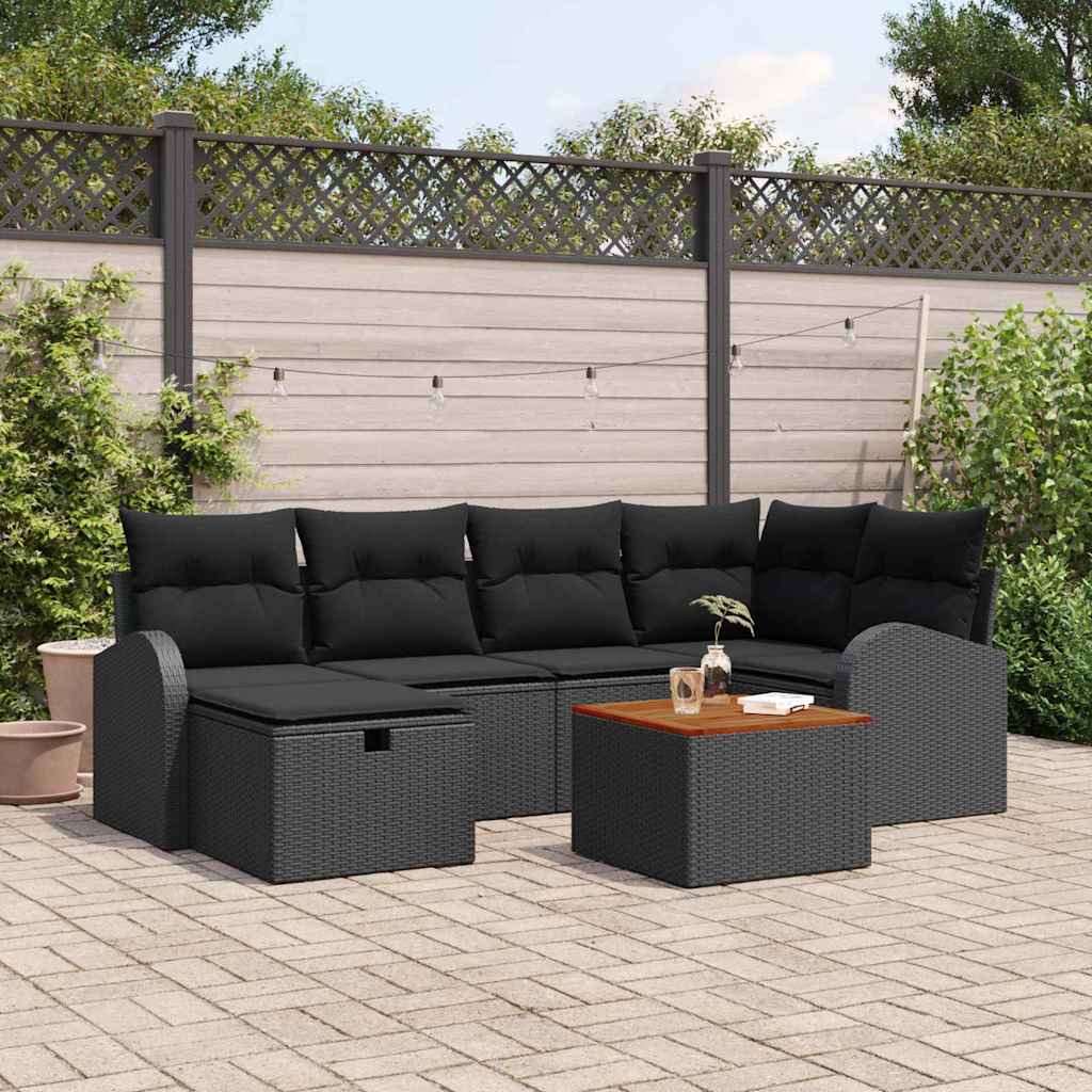vidaXL Tuinbank Set met kussen met opslag 7 pcs Zwart Poly rattan