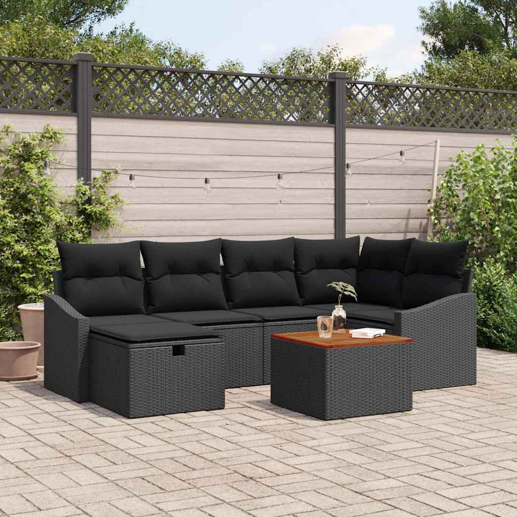 vidaXL Tuinbank Set met kussen met opslag 7 pcs Zwart Poly rattan
