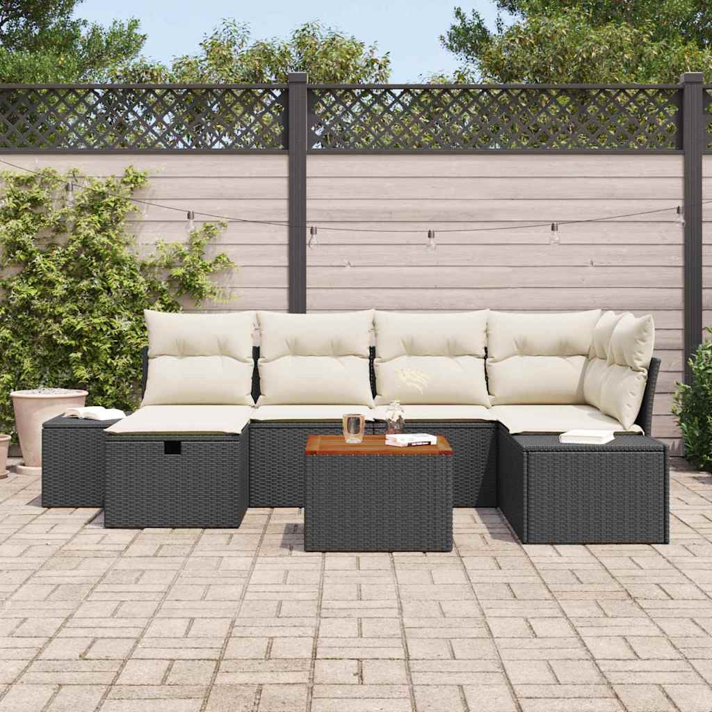 vidaXL Tuinbank Set met kussen met opslag 7 pcs Zwart Poly rattan