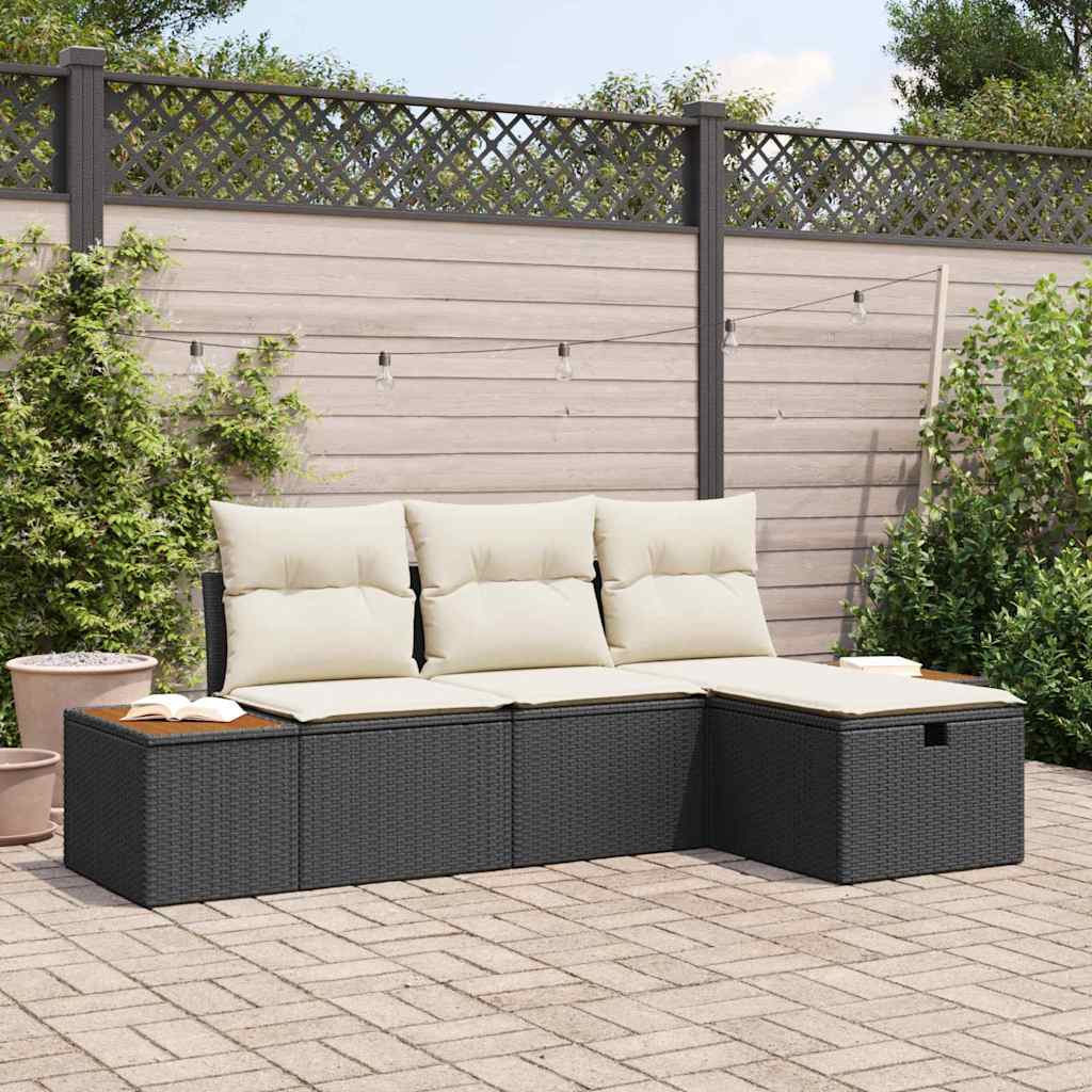 vidaXL Tuinbank Set met kussen met opslag 4 pcs Zwart poly rattan