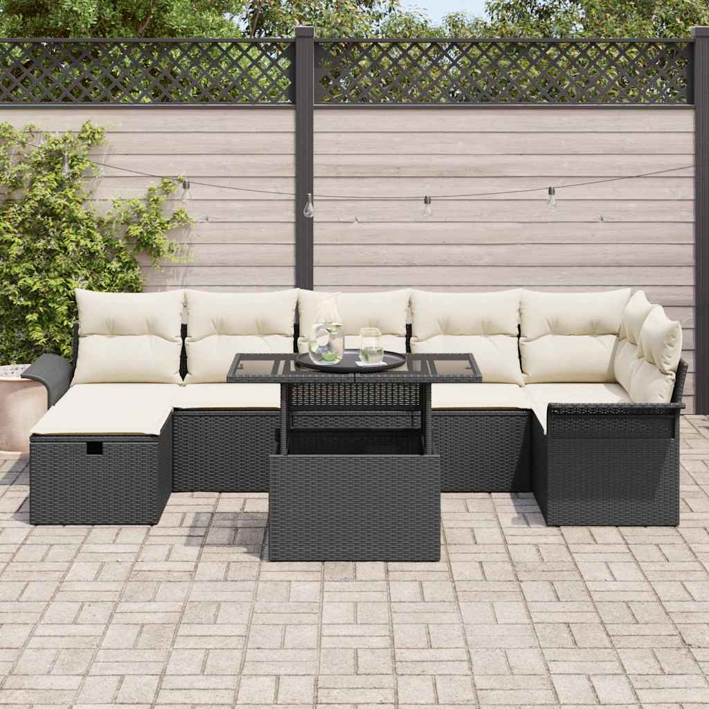 vidaXL Tuinbank Set met kussen met opslag 8 pcs Zwart Poly rattan