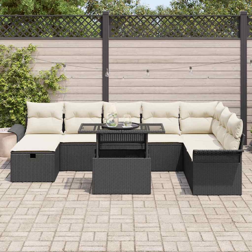 vidaXL Tuinbank Set met kussen met opslag 9 pcs Zwart Poly rattan