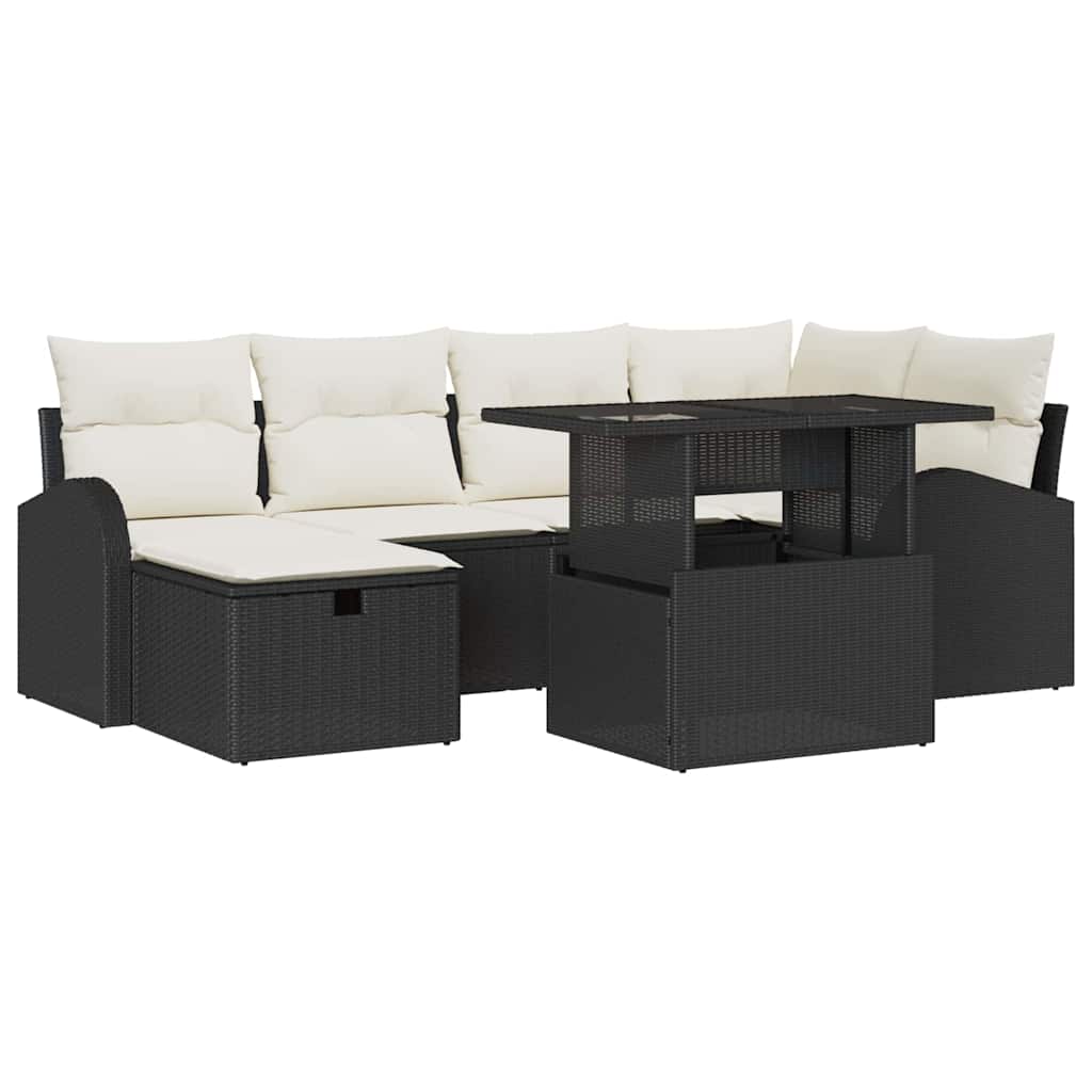 vidaXL Tuinbank Set met kussen met opslag 7 pcs Zwart Poly rattan