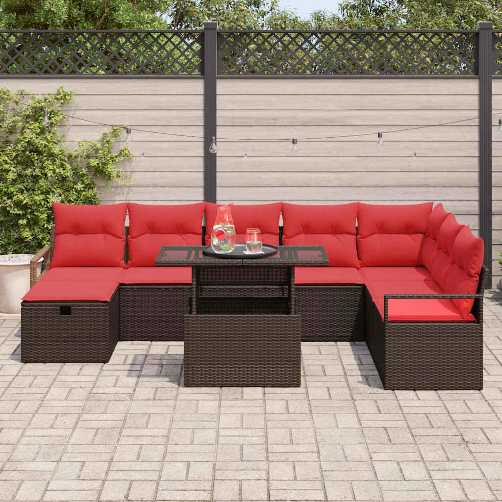 vidaXL Garden Lounge Set with Cushion and Storage 9 Pieces Brown Poly Rattan