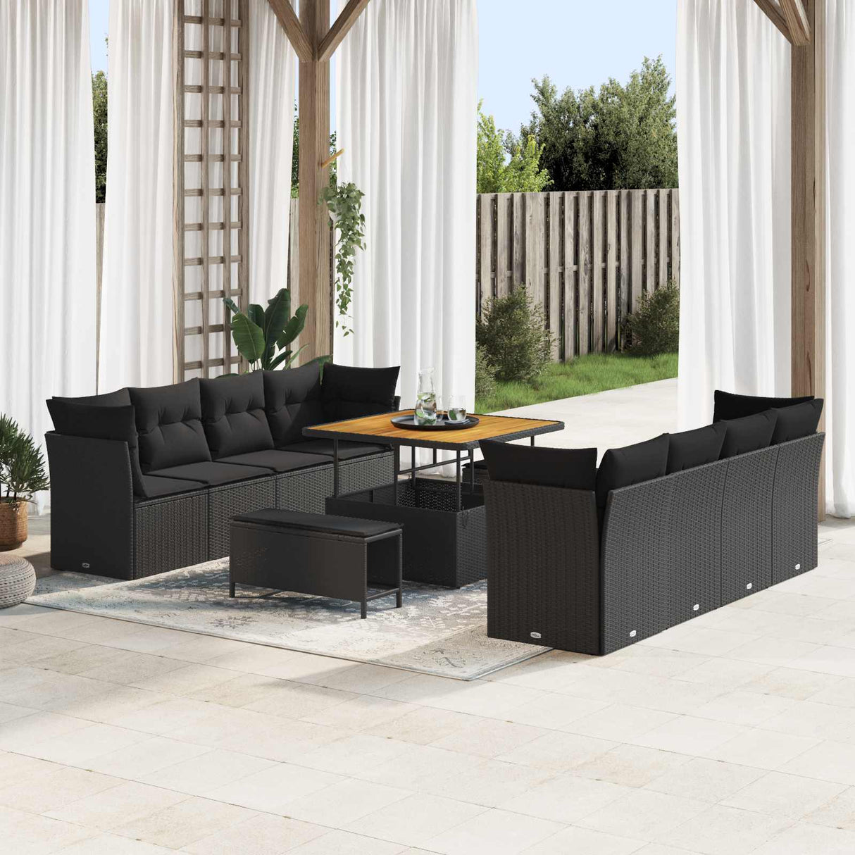 vidaXL Tuinbank Set 11 pcs Zwart poly rattan