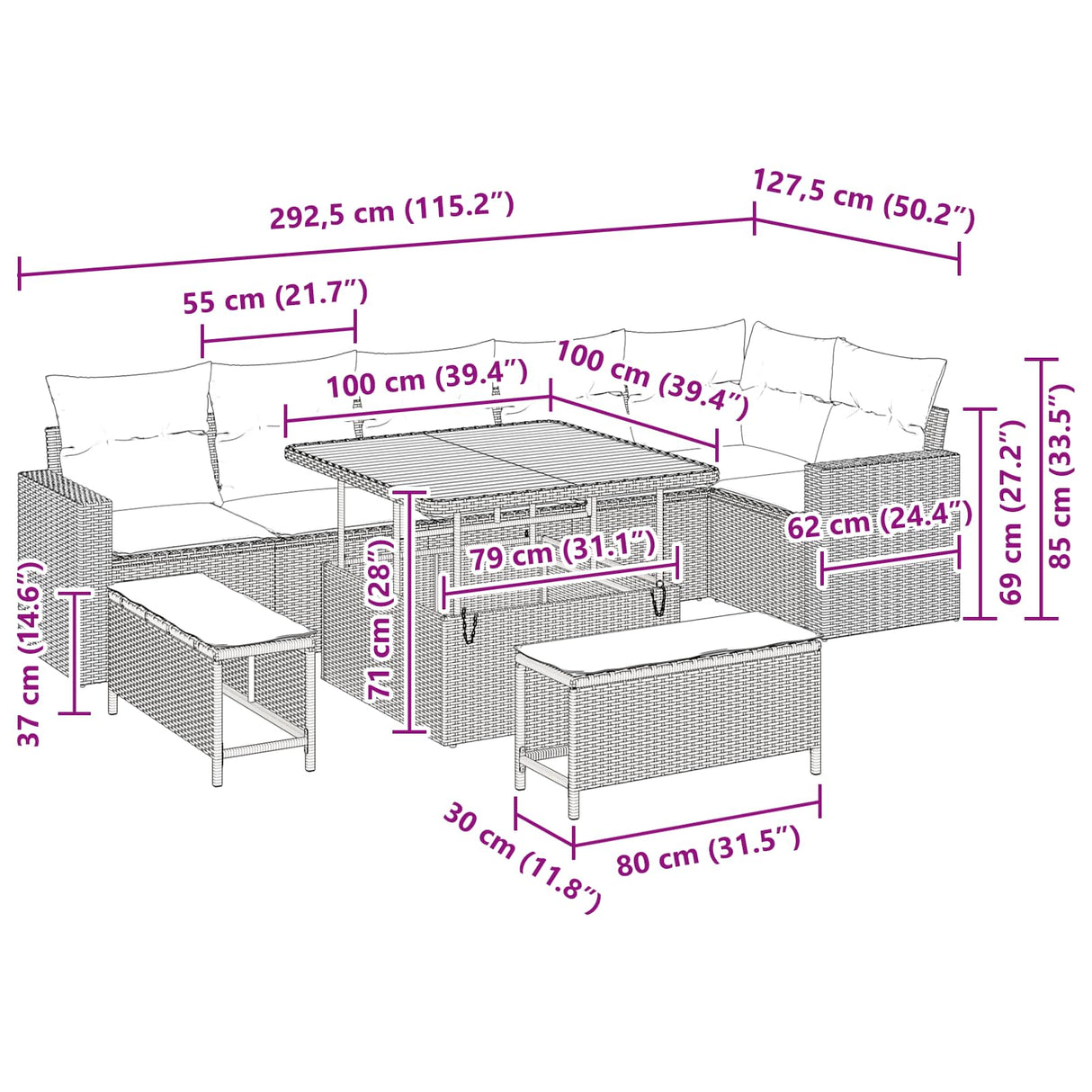 vidaXL Tuinbank Set 9 pcs Zwart poly rattan