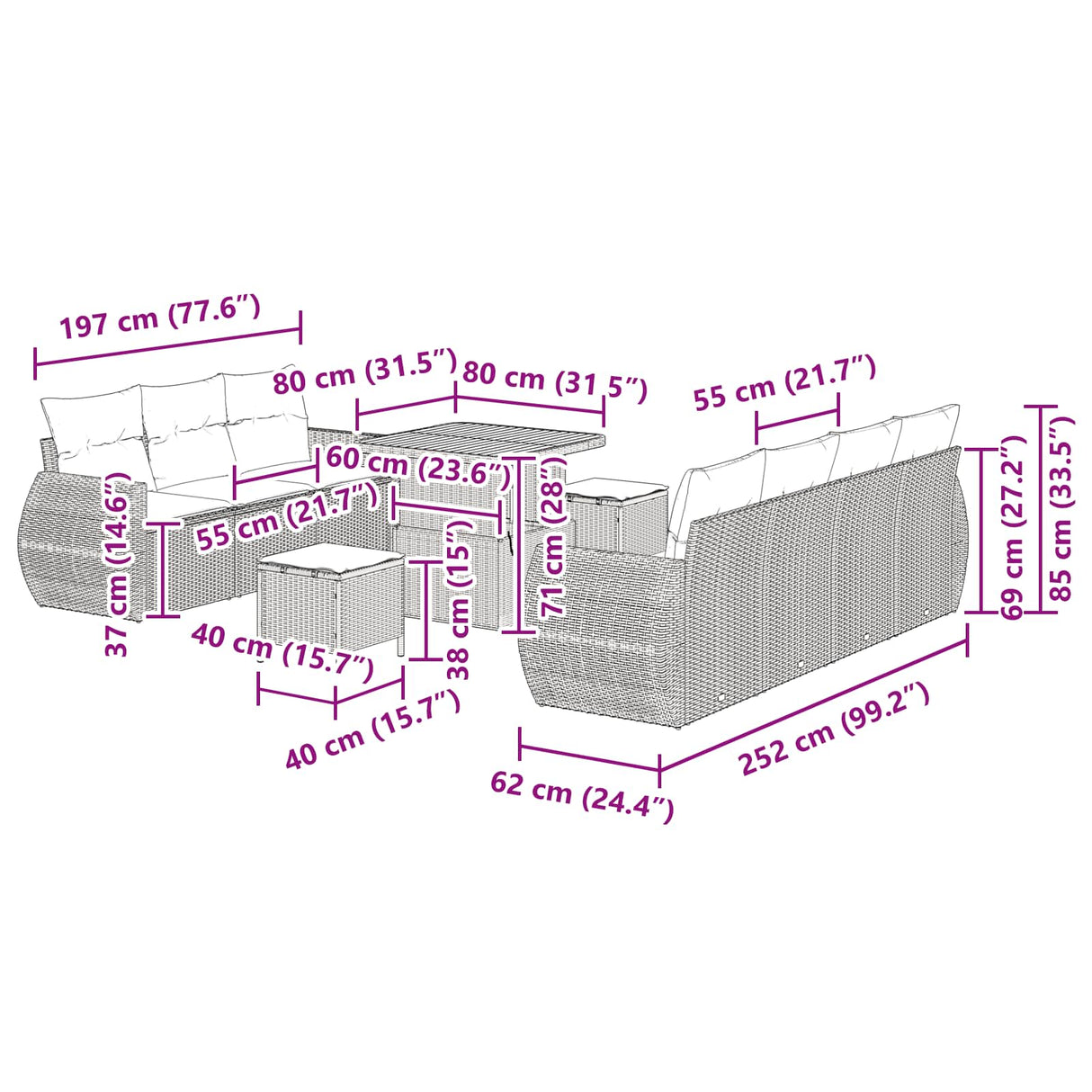 vidaXL Tuinbank Set met kussen met opslag 10 pcs Zwart poly rattan