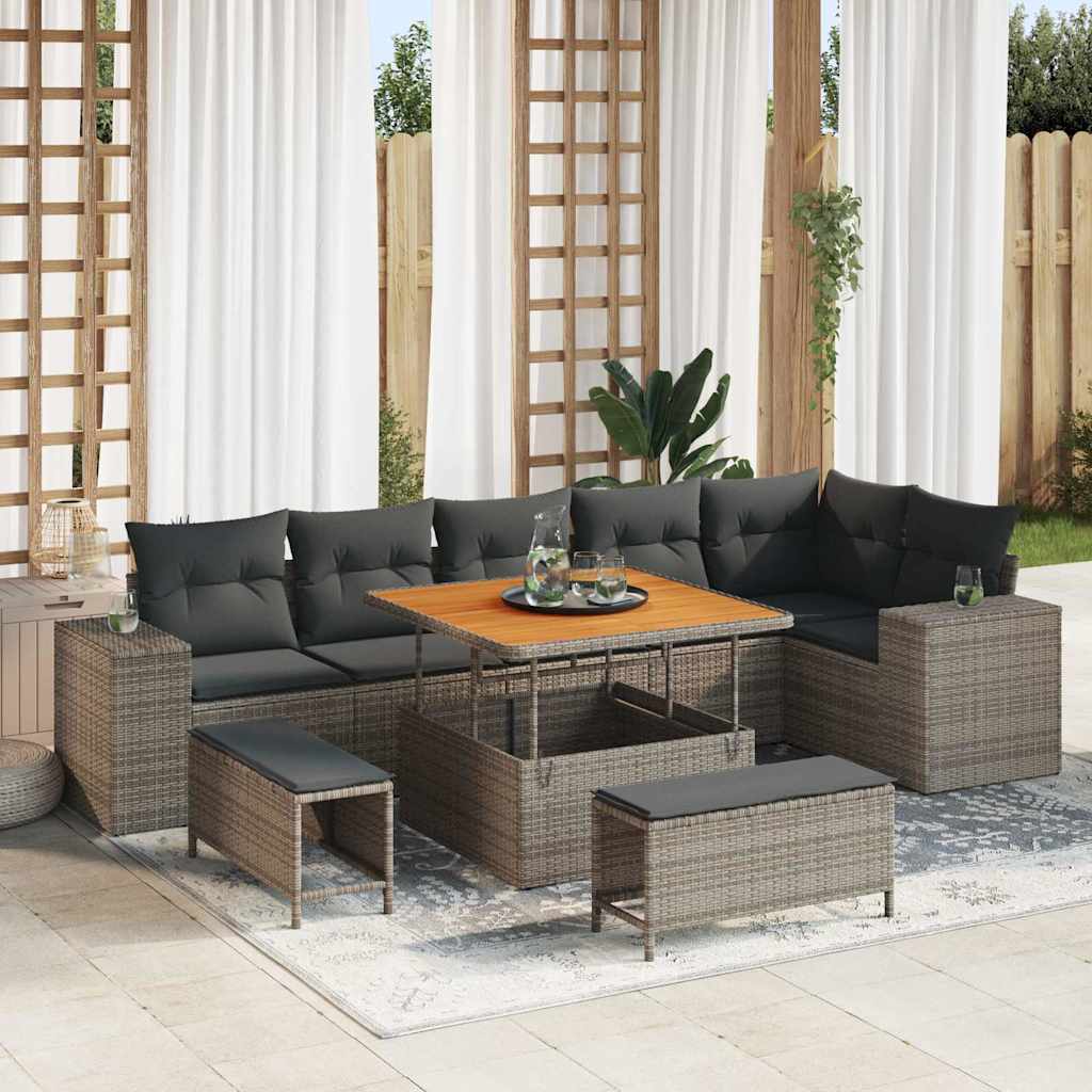 vidaXL Tuinbank Set met kussen 9 pcs Zwart poly rattan