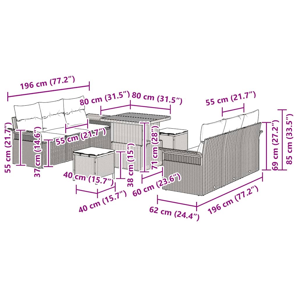 vidaXL Tuinbank Set met kussen 9 pcs Zwart poly rattan