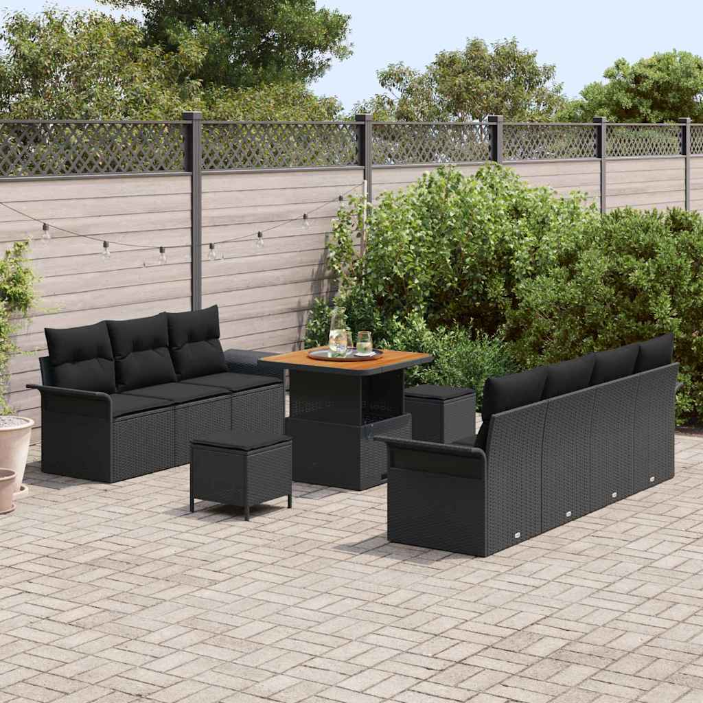 vidaXL Tuinbank Set met kussen 10 pcs Zwart poly rattan