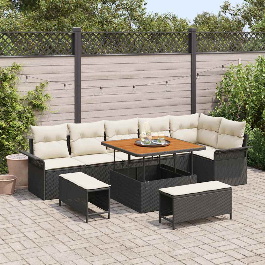 vidaXL Tuinbank Set met kussen 9 pcs Zwart poly rattan