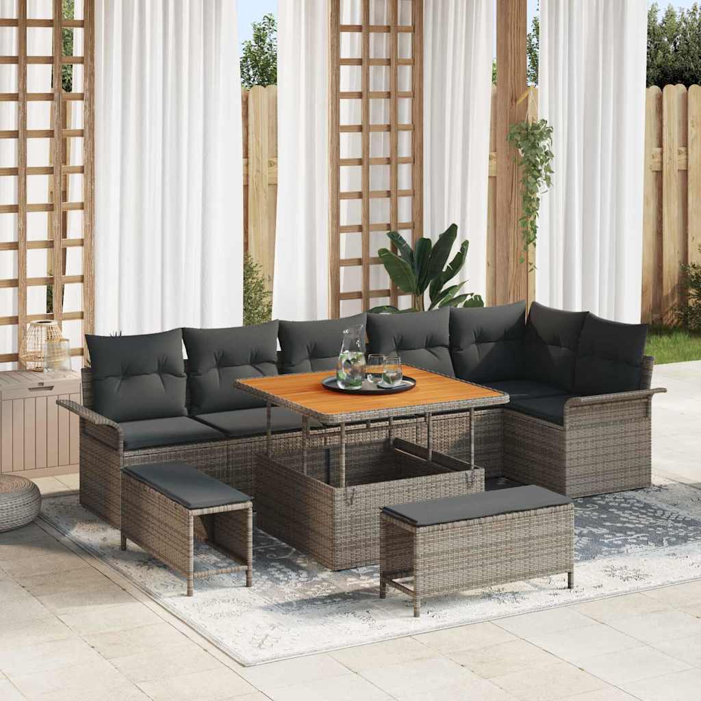 vidaXL Tuinbank Set met kussen 9 pcs Zwart poly rattan