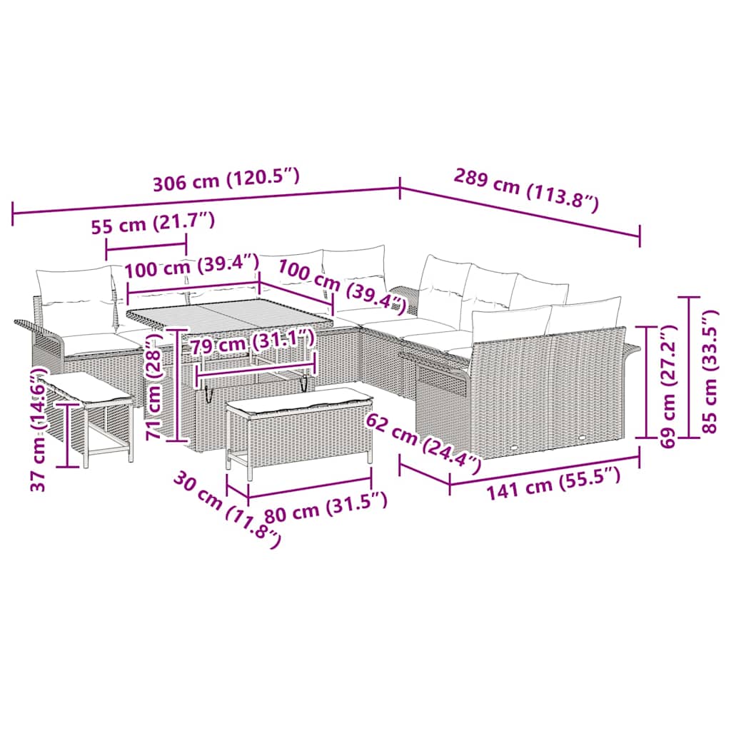 vidaXL Tuinbank Set met kussen 13 pcs Zwart poly rattan