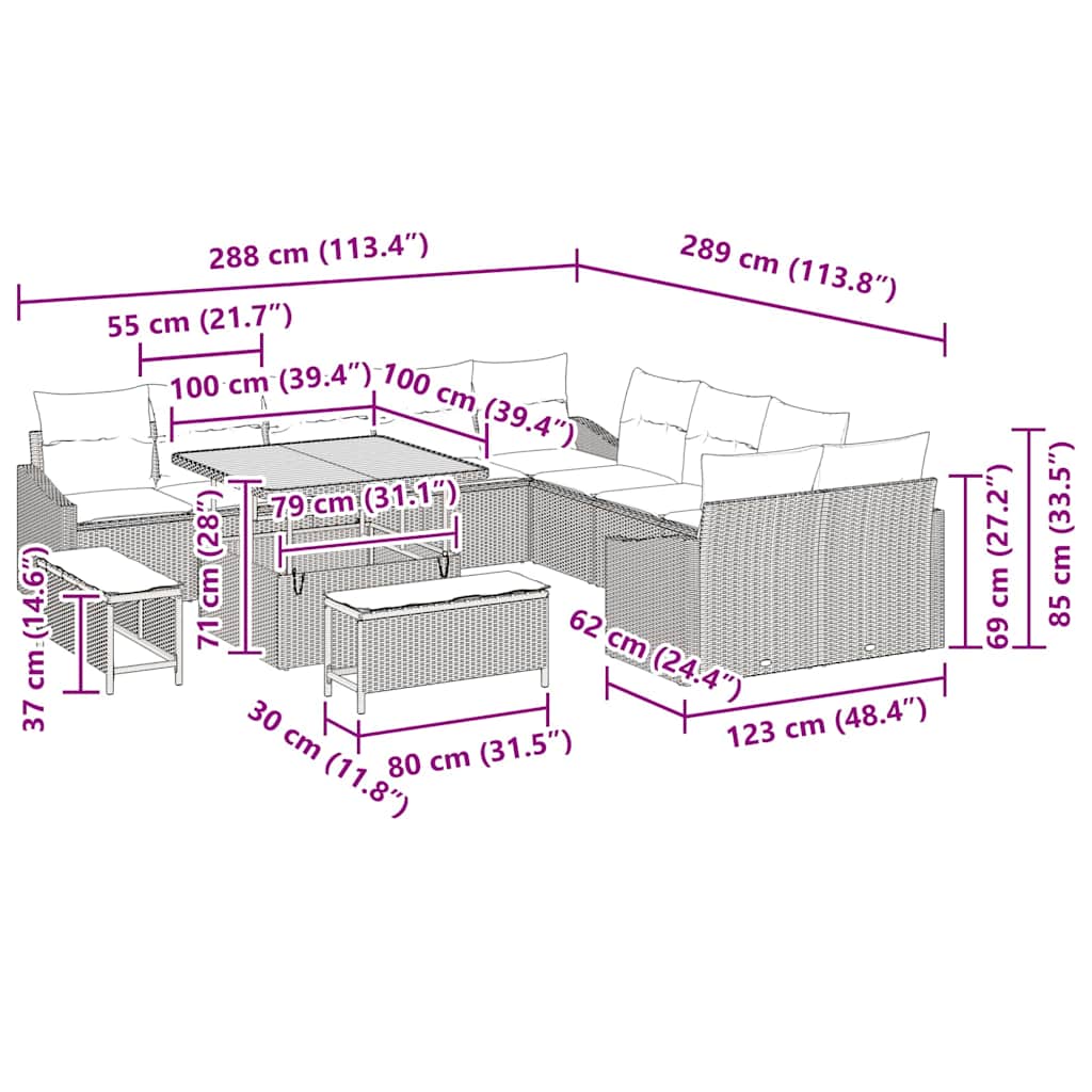 vidaXL Tuinbank Set met kussen 13 pcs Zwart poly rattan