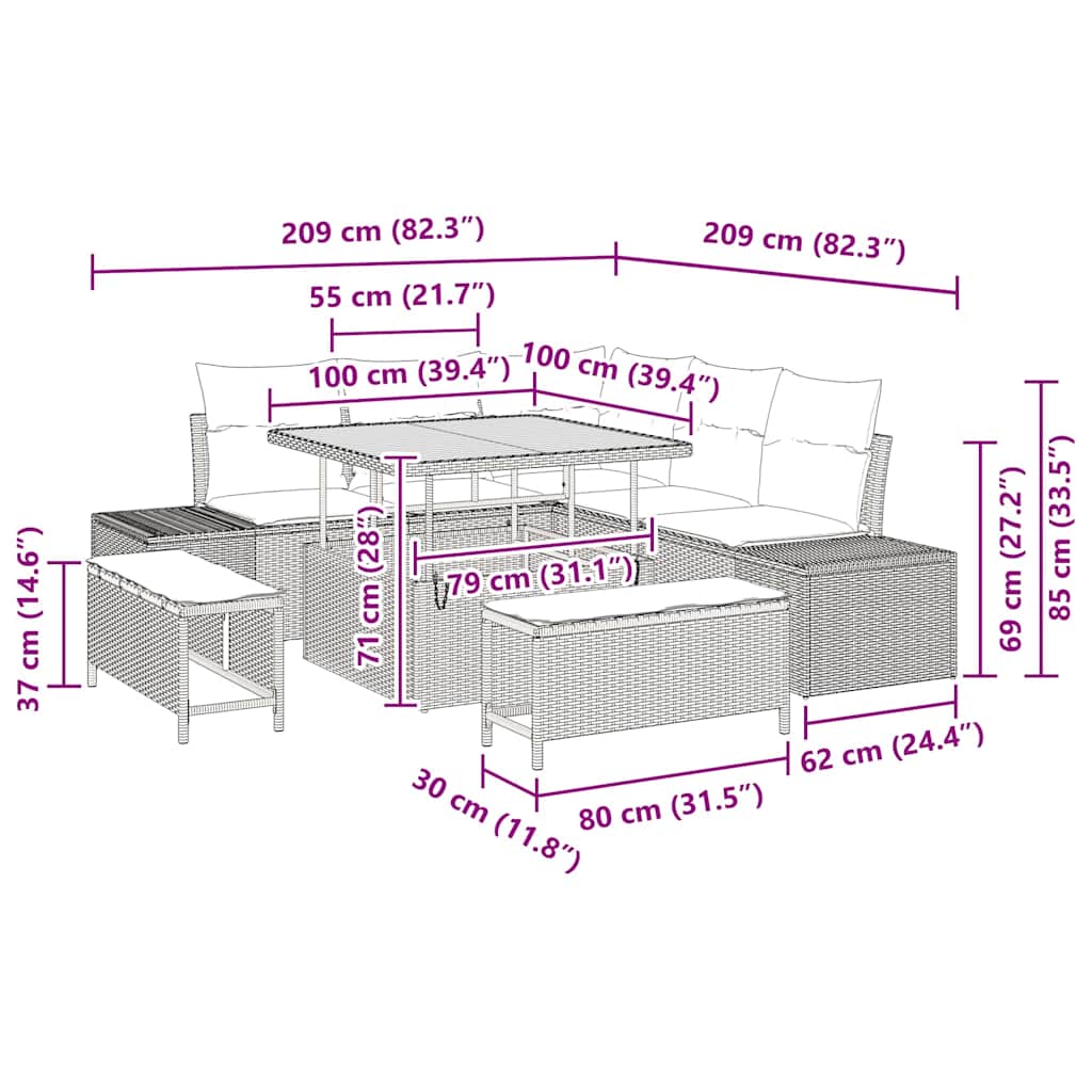 vidaXL Tuinbank Set met kussen 8 pcs Zwart poly rattan