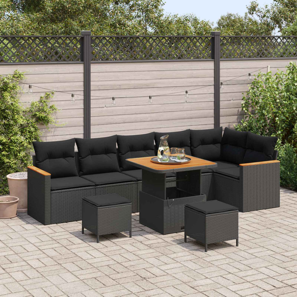 vidaXL Tuinbank Set 9 pcs Zwart poly rattan