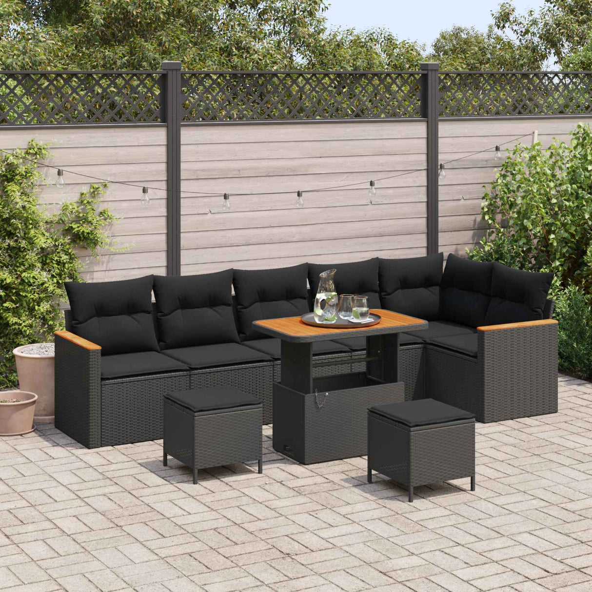 vidaXL Tuinbank Set 9 pcs Zwart poly rattan