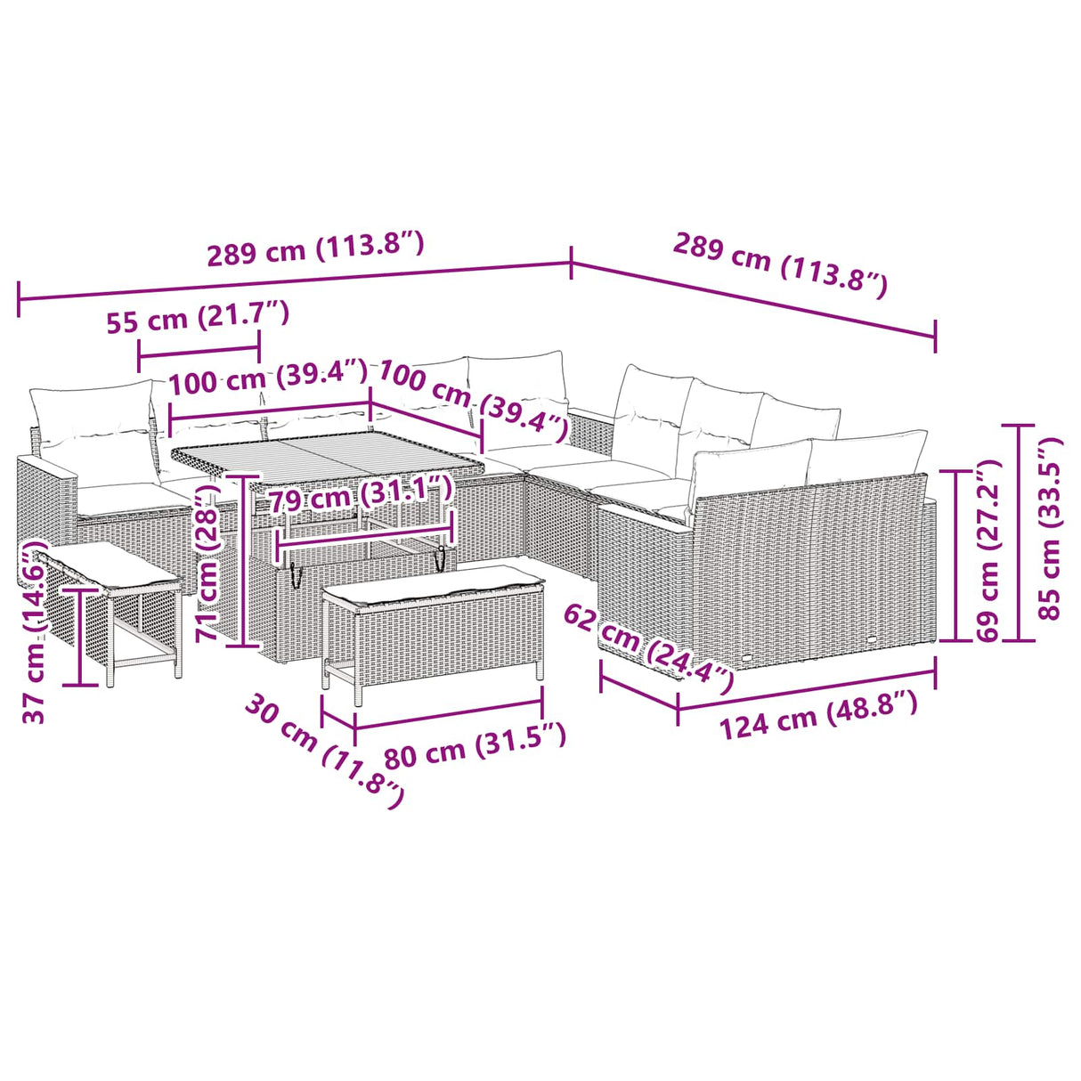 vidaXL Tuinbank Set 13 pcs Zwart poly rattan
