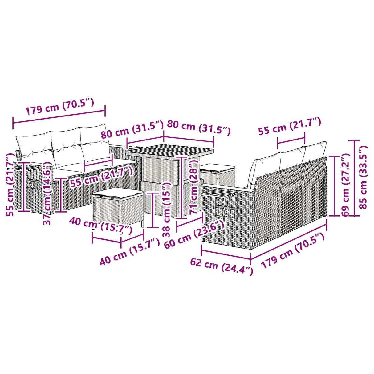 vidaXL Tuinbank Set 9 pcs Zwart poly rattan
