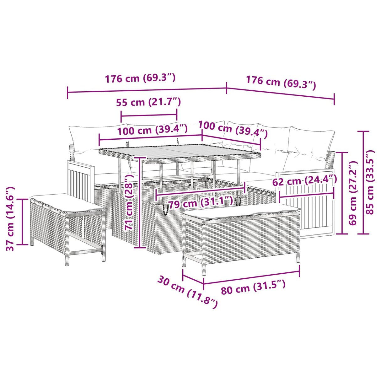 vidaXL Tuinbank Set 8 pcs Zwart Poly Rattan en Poedergecoat Staal