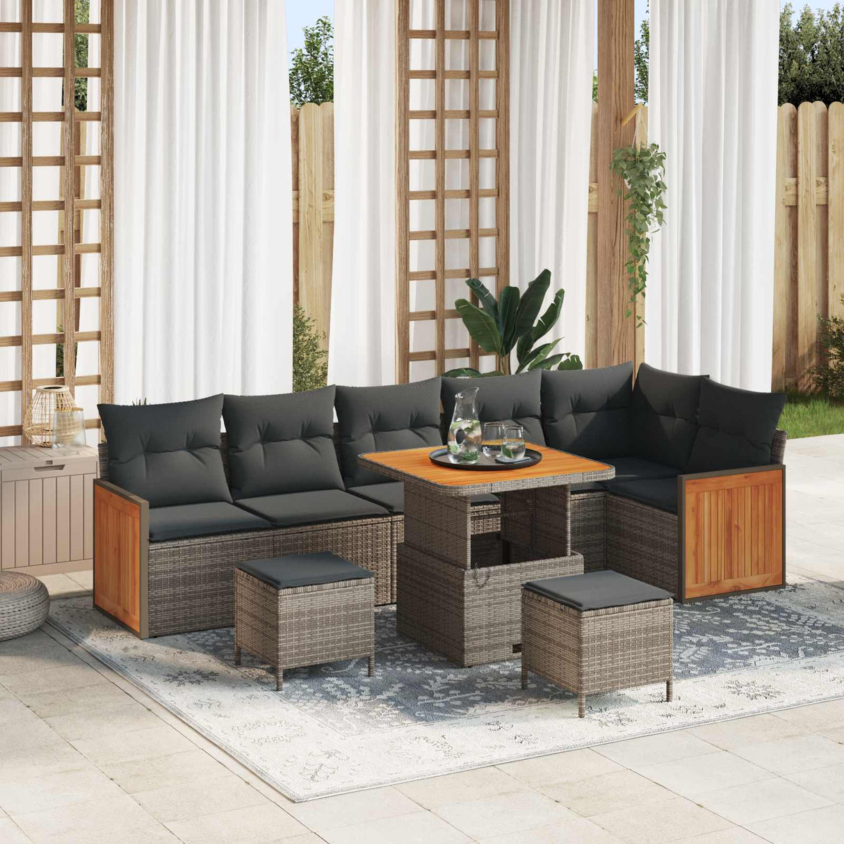 vidaXL Tuinbank Set 9 pcs Zwart Poly Rattan en Poedergecoat Staal