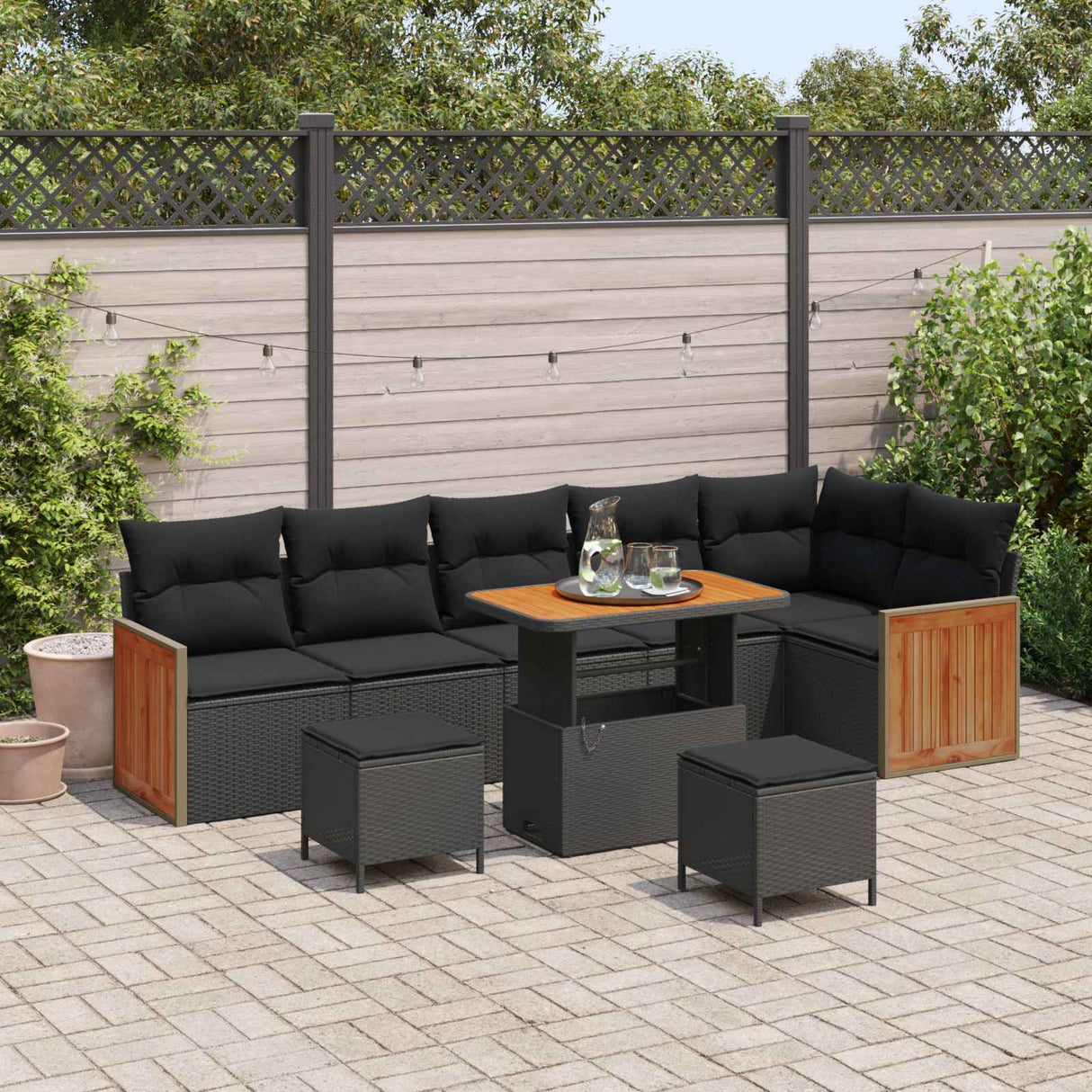 vidaXL Tuinbank Set 9 pcs Zwart Poly Rattan en Poedergecoat Staal