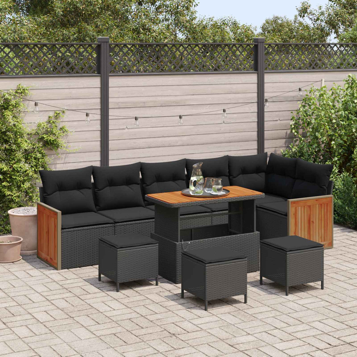 vidaXL Tuinbank Set 9 pcs Zwart Poly Rattan en Poedergecoat Staal