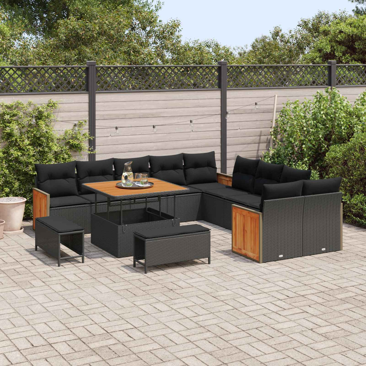 vidaXL Garden Bench Set 13 pcs Black Poly Rattan and Powder-Coated Steel