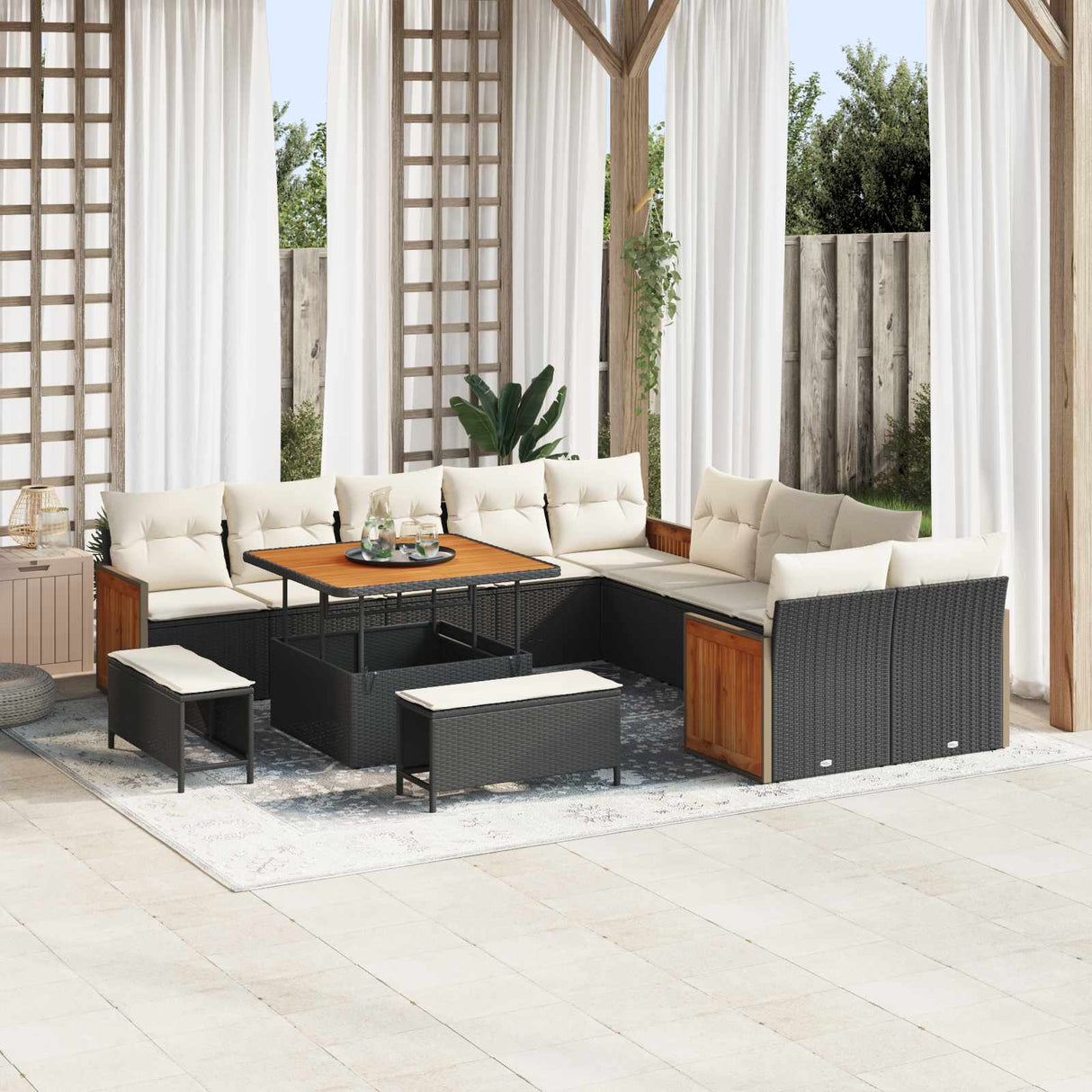 vidaXL Garden Bench Set 13 pcs Black Poly Rattan and Powder-Coated Steel