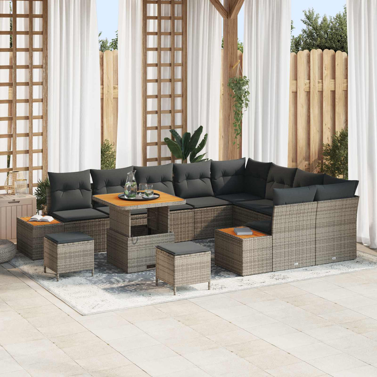 vidaXL Tuinbank Set 12 pcs Zwart Poly Riet en Poedergecoat Staal