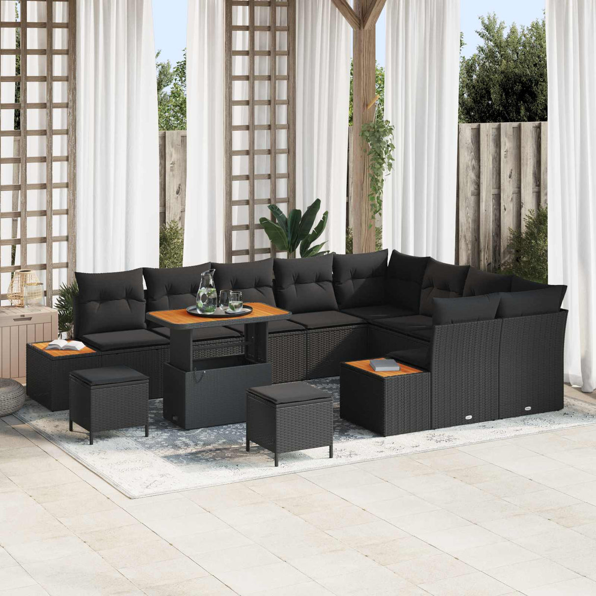 vidaXL Tuinbank Set 12 pcs Zwart Poly Riet en Poedergecoat Staal