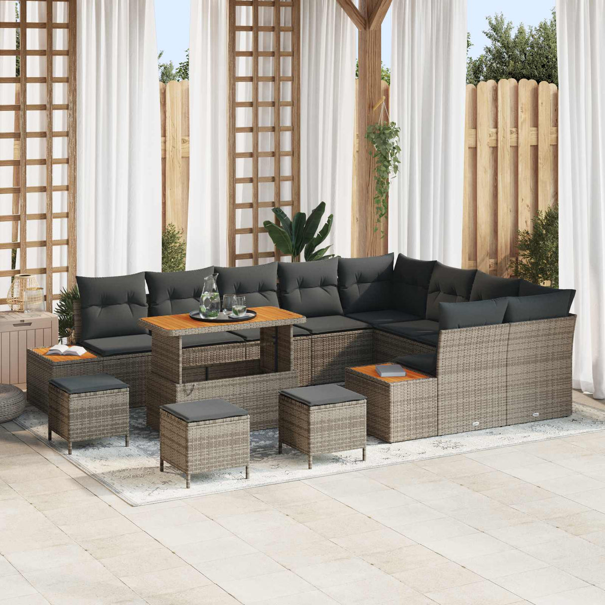 vidaXL Tuinbank Set 12 pcs Zwart Poly Riet en Poedergecoat Staal
