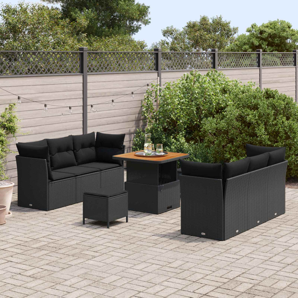 vidaXL Tuinbank Set met kussen 9 pcs Zwart poly rattan