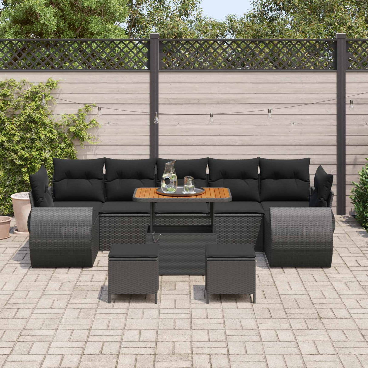 vidaXL Tuinbank Set 10 pcs Zwart Poly rattan en gepoedercoat staal