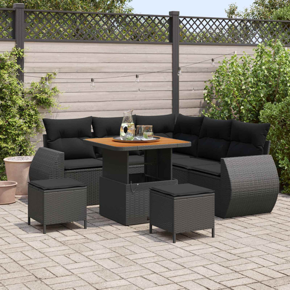 vidaXL Tuinbank Set met kussen met opslag 8 pcs Zwart poly rattan