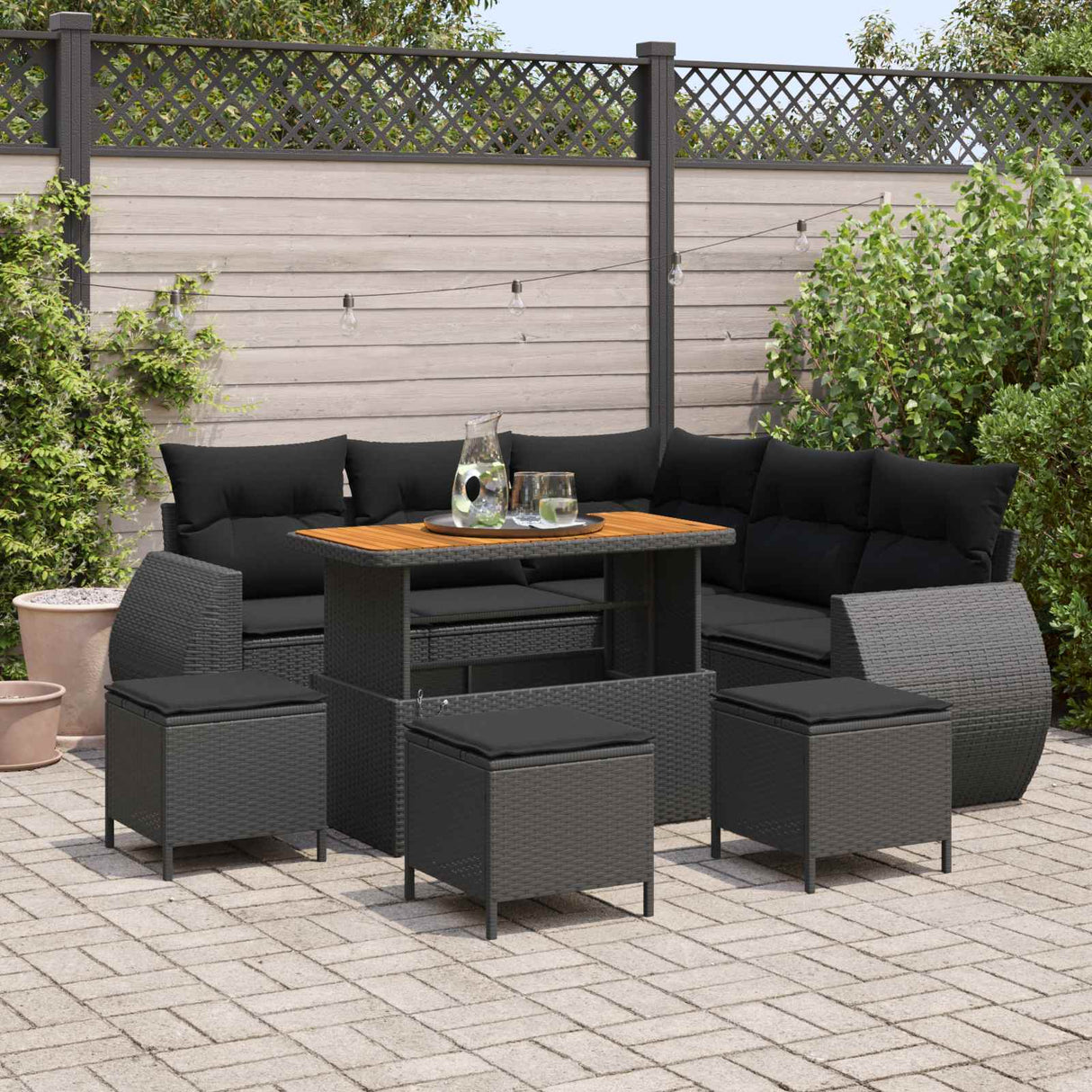 vidaXL Tuinbank Set met kussen met opslag 8 pcs Zwart poly rattan