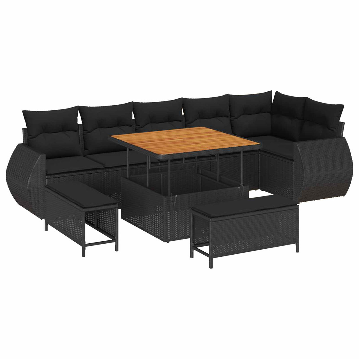 vidaXL Tuinbank Set met kussen met opslag 9 pcs Zwart Poly Riet