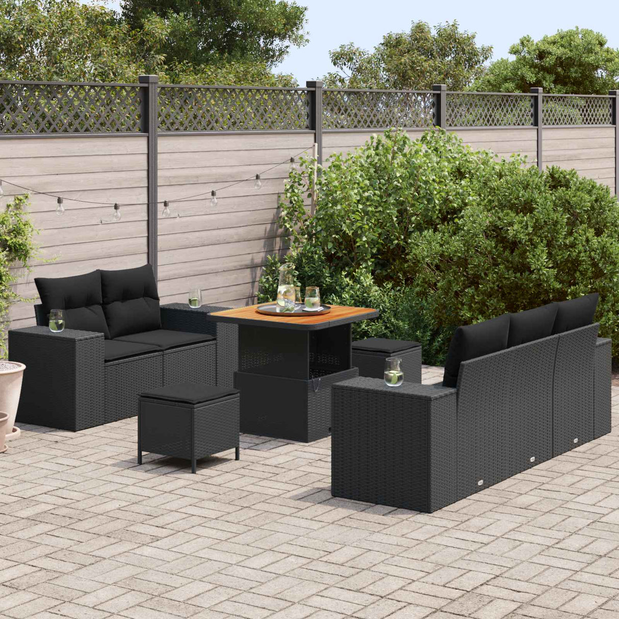 vidaXL Tuinbank Set met kussen met opslag 8 pcs Zwart Poly Riet