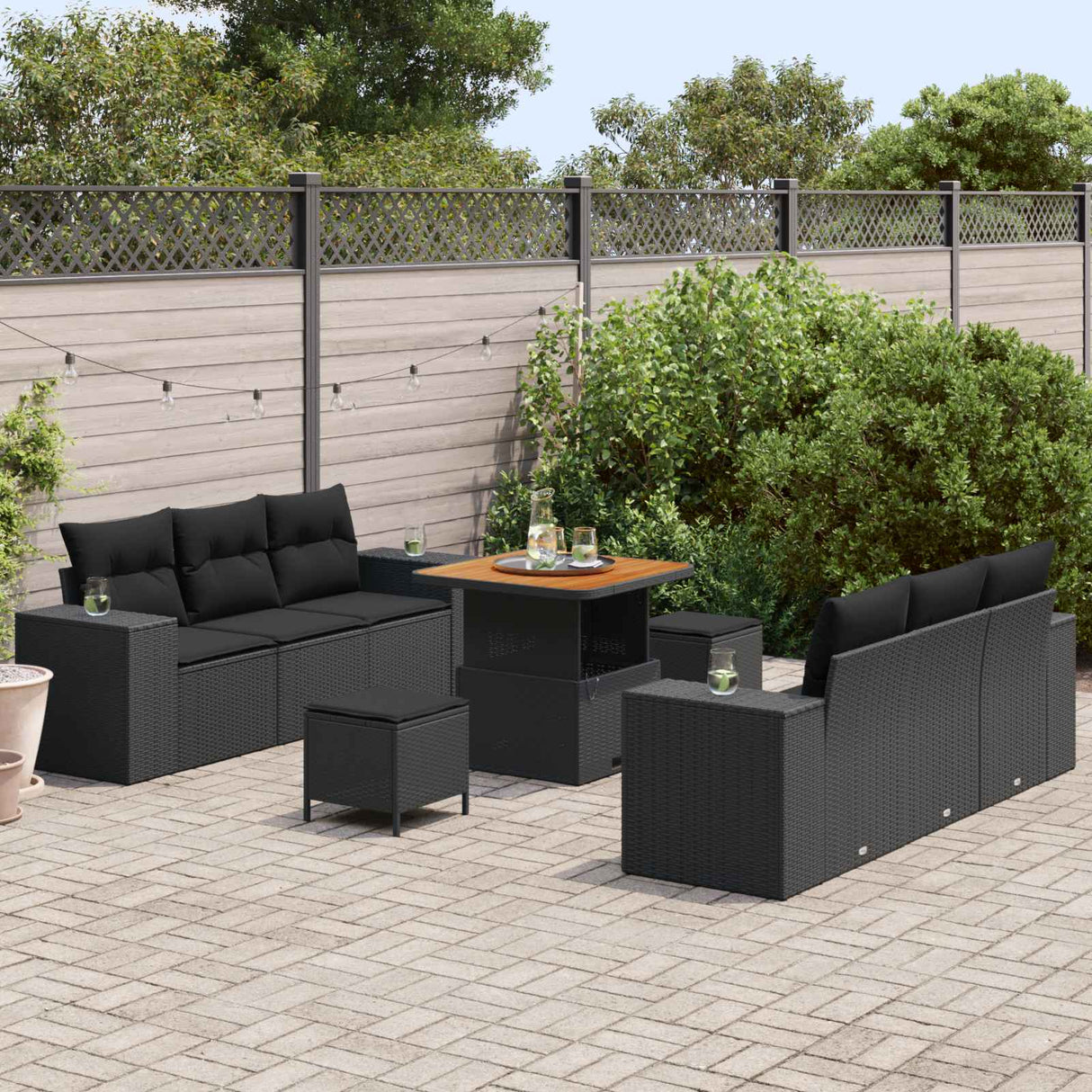 vidaXL Tuinbank Set met kussen met opslag 9 pcs Zwart Poly Riet