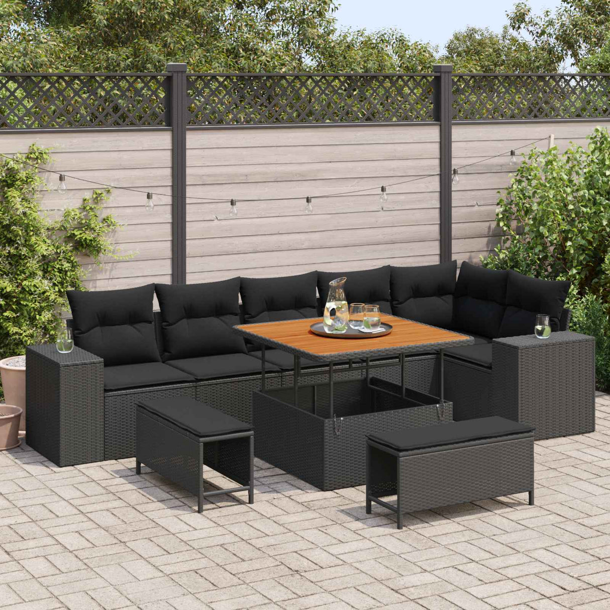vidaXL Tuinbank Set met kussen 9 pcs Zwart poly rattan
