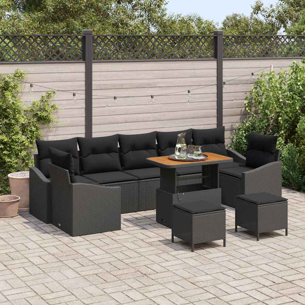 vidaXL Tuinbank Set met kussen met opslag 10 pcs Zwart Poly rattan