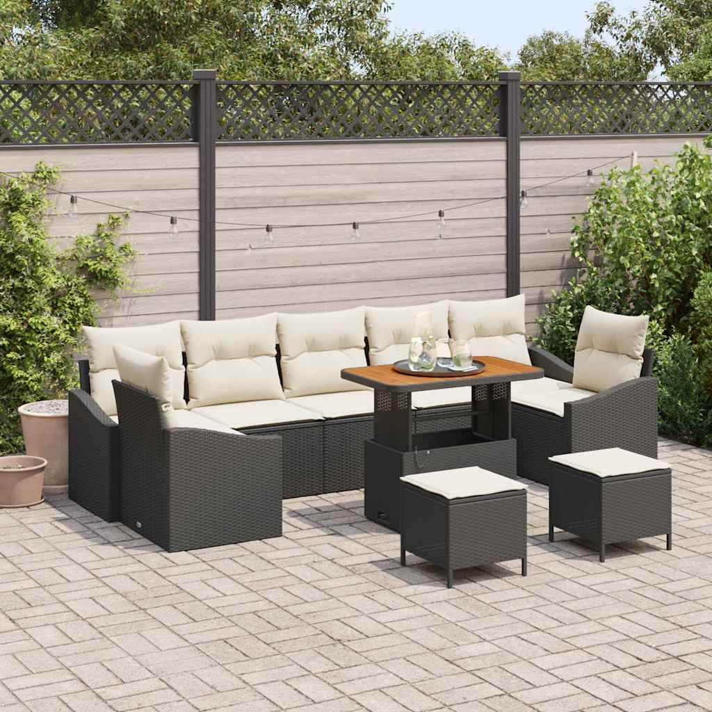 vidaXL Tuinbank Set met kussen met opslag 10 pcs Zwart Poly rattan
