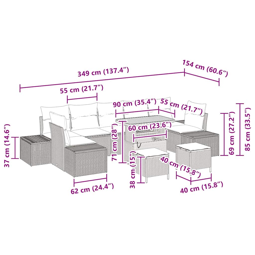 vidaXL Tuinbank Set met kussen met opslag 10 pcs Zwart Poly rattan